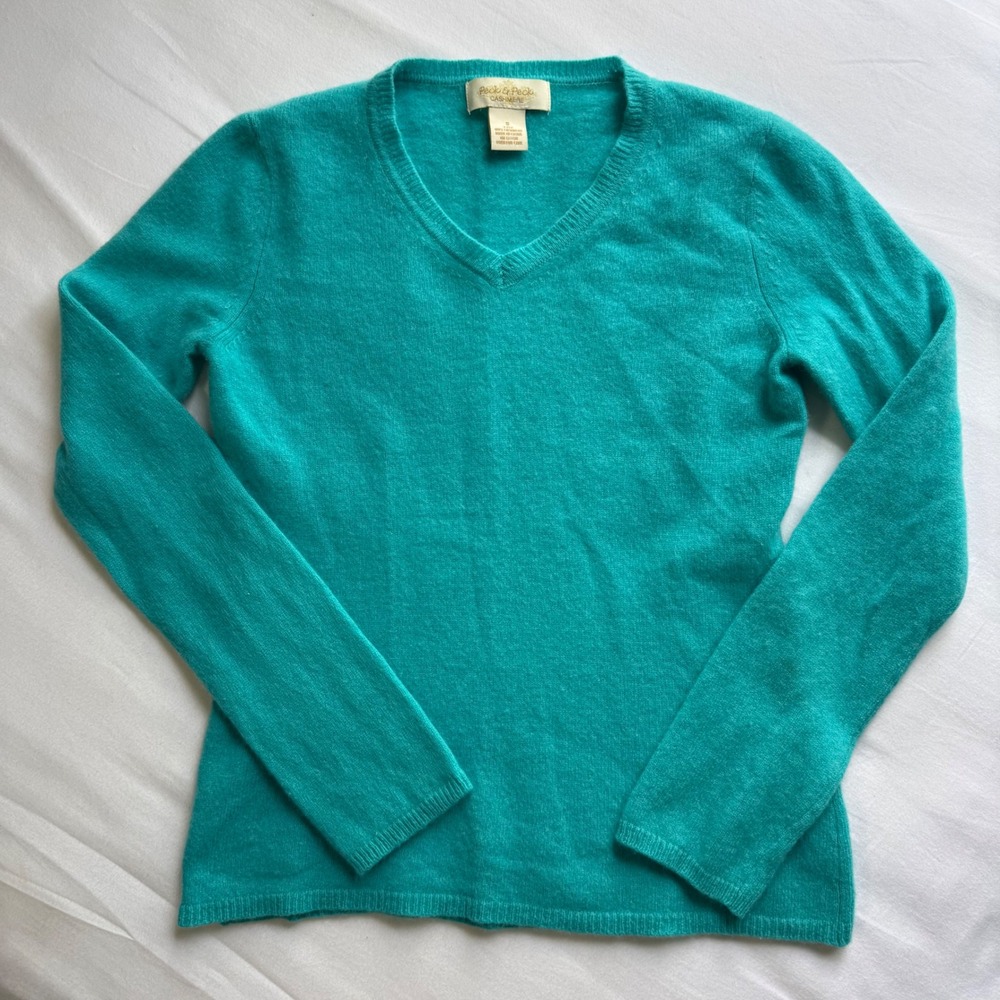 Peck & Peck Cashmere Sweater Womens Small Teal Blue V-Neck 2-Ply Long Sleeve